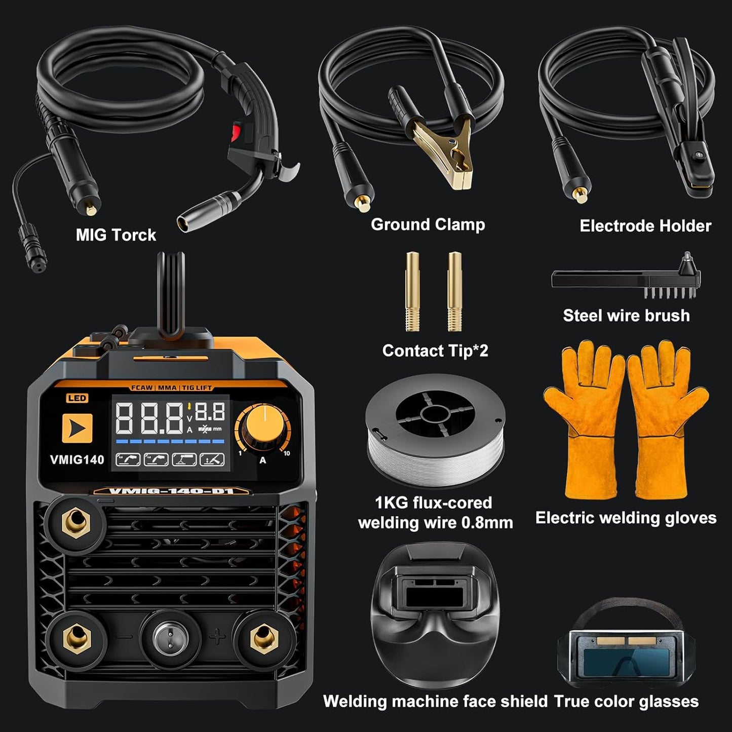 VIGRUE 140A MIG Welder, 110V IGBT Inverter Welder, Flux Core MIG/Lift TIG/Stick/MIG 3 in 1 Welding Machine with Synergic Control, LED Display & Full Kit (Welder Helmet, Gloves)