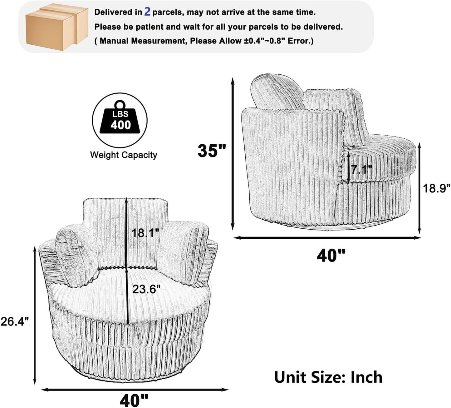 Swivel Barrel Chair with Pillows and Cushions,Corduroy Round Chair with Metal Base for Living Room (White)