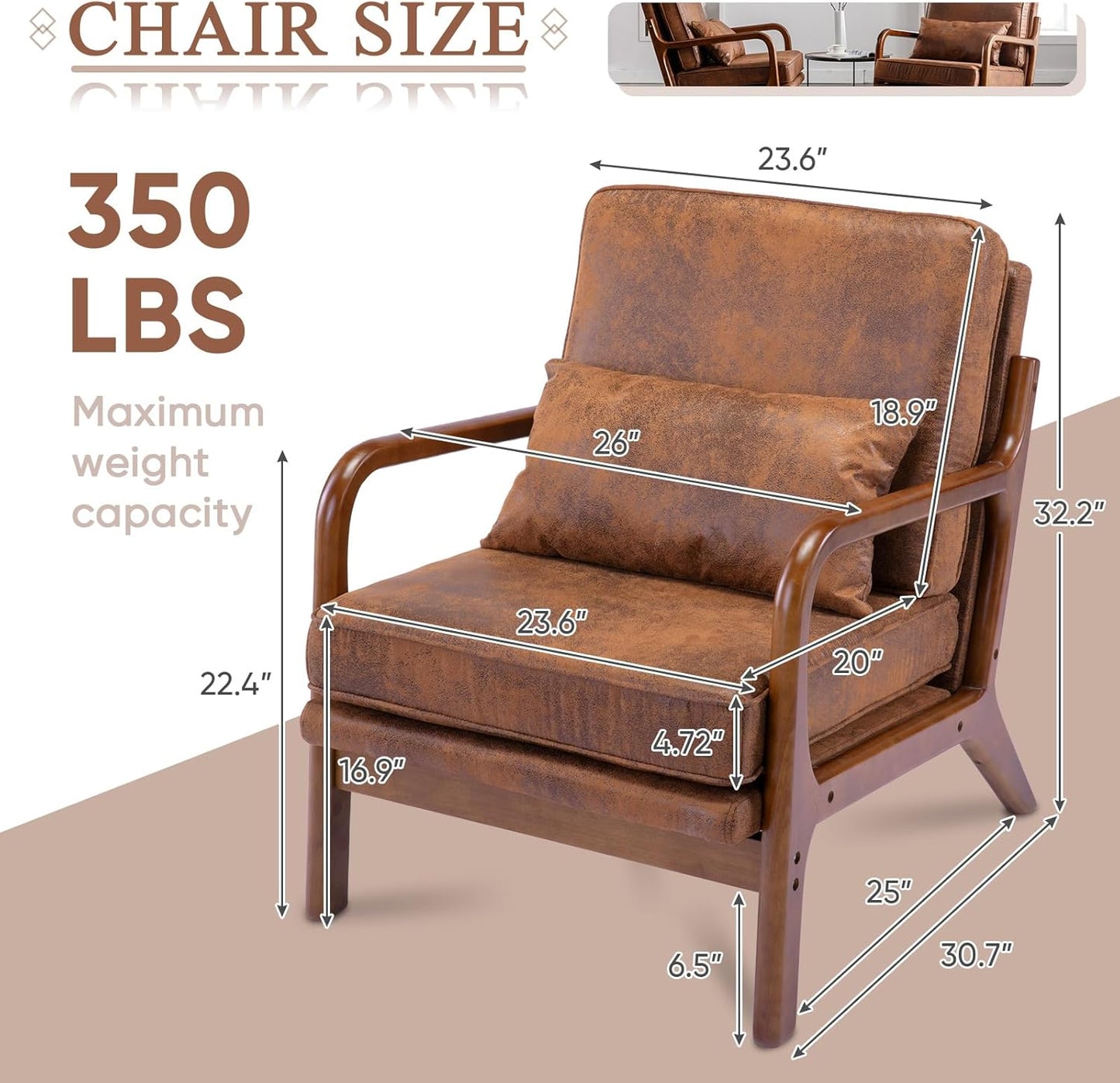 Accent Chair Set of 2- Mid-Century Modern Chairs Living Room Furniture Set Bedroom Reading, Solid Wood Arm Chair Lumber Pillow, Comfy Cushion Ergonomic Lounge Armchair Brown Leather Office Side Chair