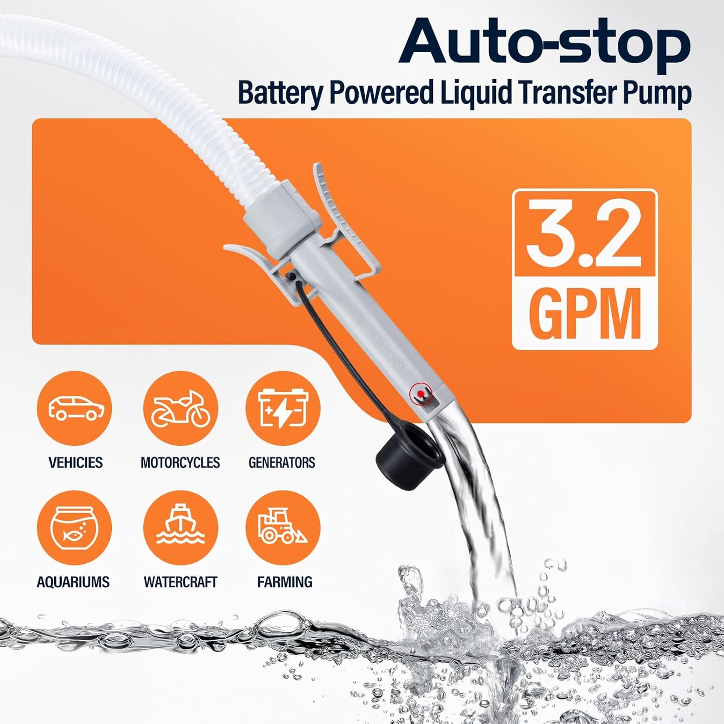 Automatic Fuel Transfer Pump with Auto-Stop, 51'' Extra Long Hose, 3.2 Gallon per Min, Fast and Safe Portable Gas Can Pump for Oil,Battery or USB Powered, 4 Can Adapters,Diesel,Gasoline (Gray)