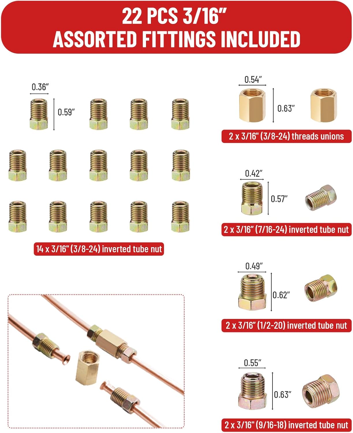 25 ft 3/16in &1/4in Copper Coated Brake Line Flaring Tool Kit, Includes 3-in-1 Tube Bender, Double & Single Flaring Tool Set, 4 Threads Unions, 40 Fittings