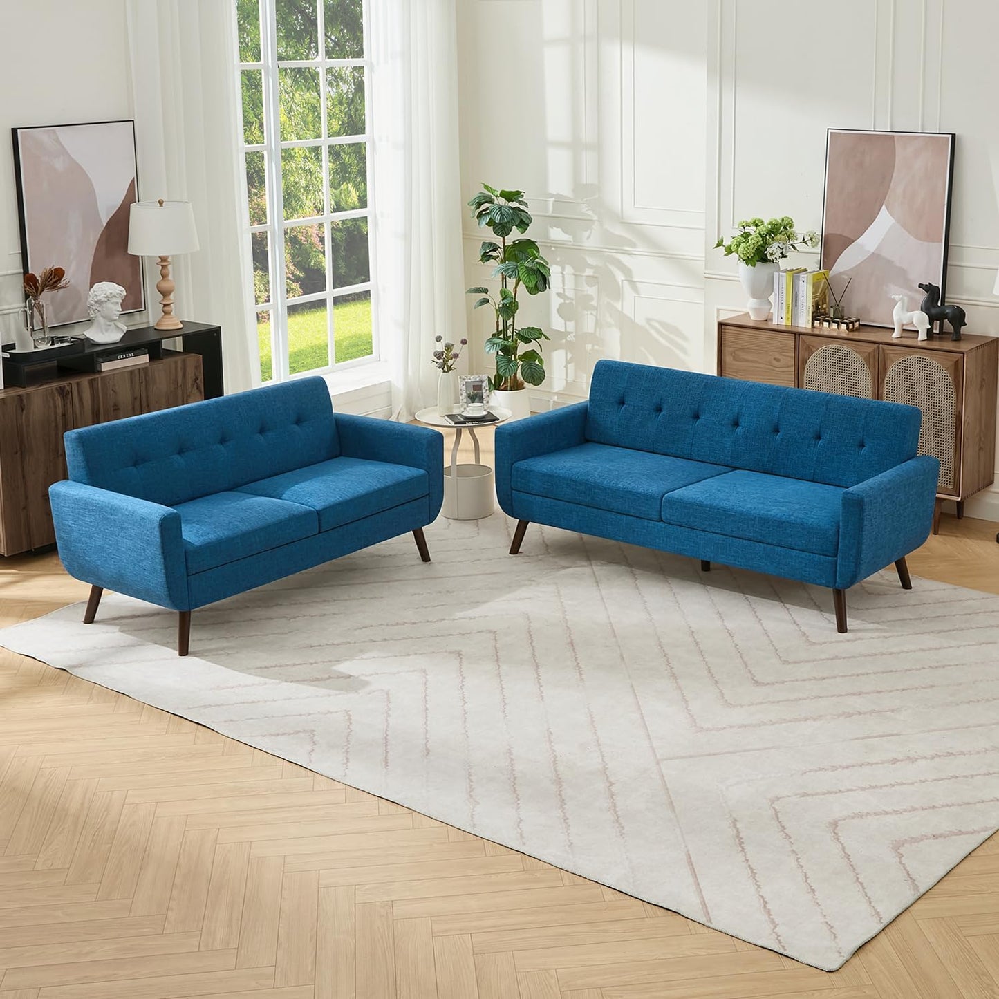 Tbfit 65" W Loveseat Sofa, Mid Century Modern Decor Love Seat Couches for Living Room, Button Tufted Upholstered Small Couch for Bedroom, Solid and Easy to Install Love Seats Furniture, Beige