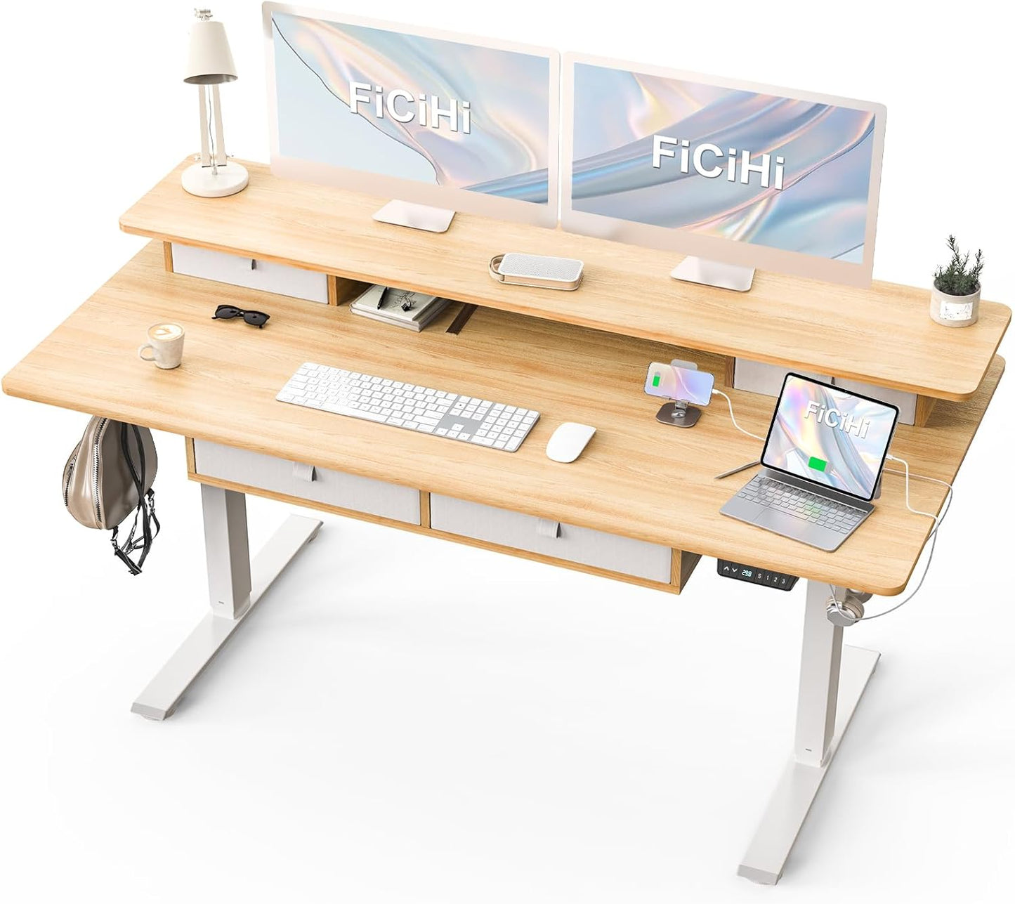 Adjustable Height Standing Desk with 4 Drawers & Wheels,63 x 30 inches Electric Sit Stand Home Office Desk with Two Tiers, 3 Memory Presets, Monitor Stand Riser, USB A/C Charging Port