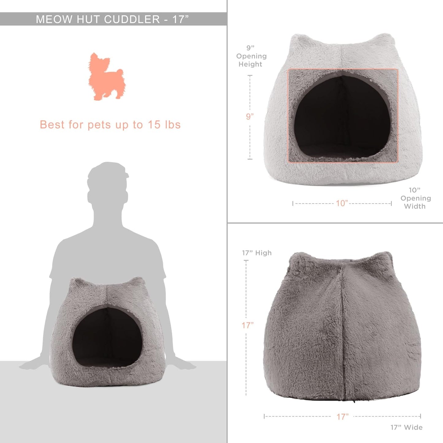 Best Friends by Sheri Meow Hut Fur Dome Pet Bed – Covered Cat Cave for Cats & Small Dogs up to 15 lbs, Faux Fur Hideaway with Water-Resistant Bottom, Machine Washable, Gray