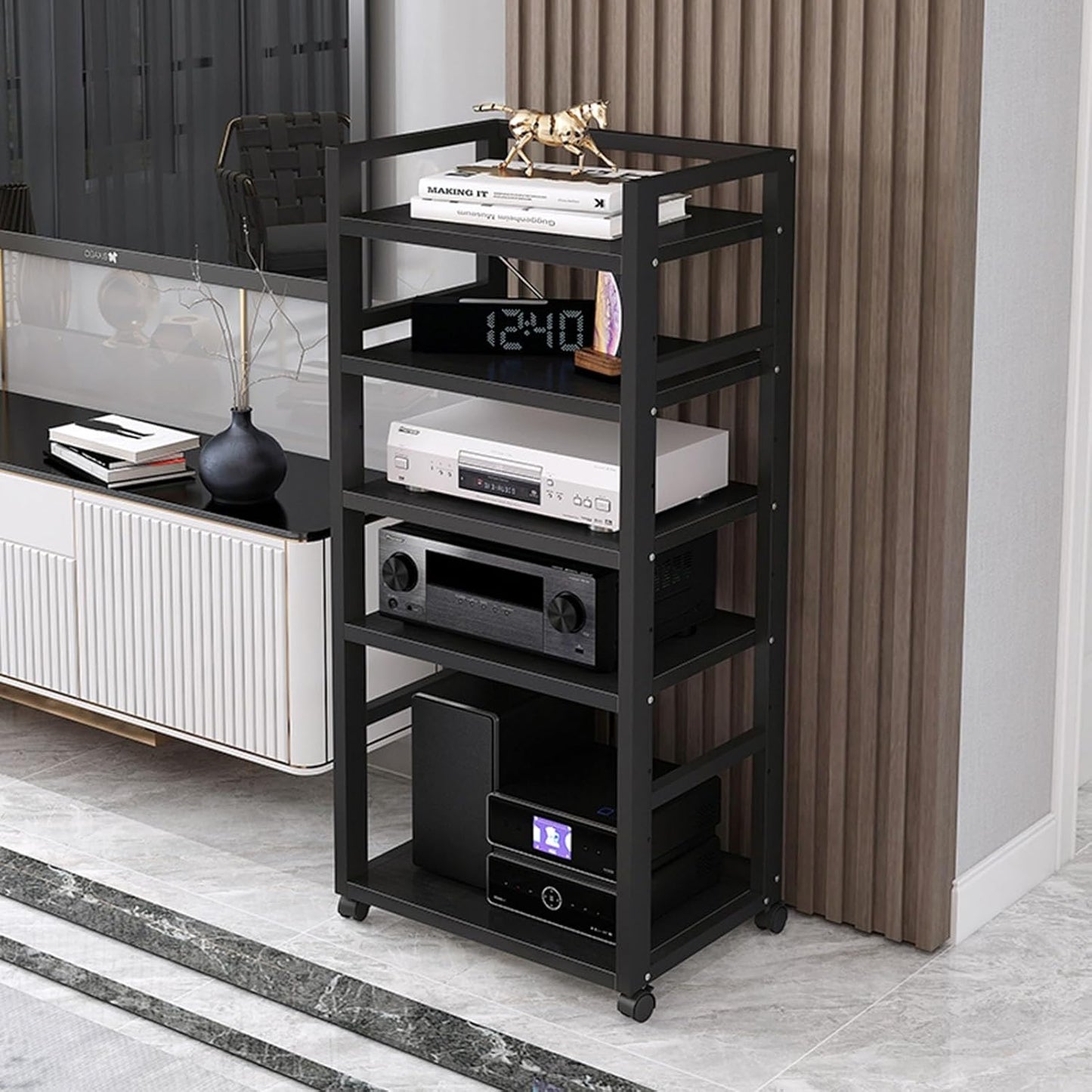 5-Tier Movable Audio/Video Media Stand Center CD Player Stand Stereo Component Storage Cabinet Audio Tower with Height Adjustable Wooden Shelf for Home/Office/Theater,A