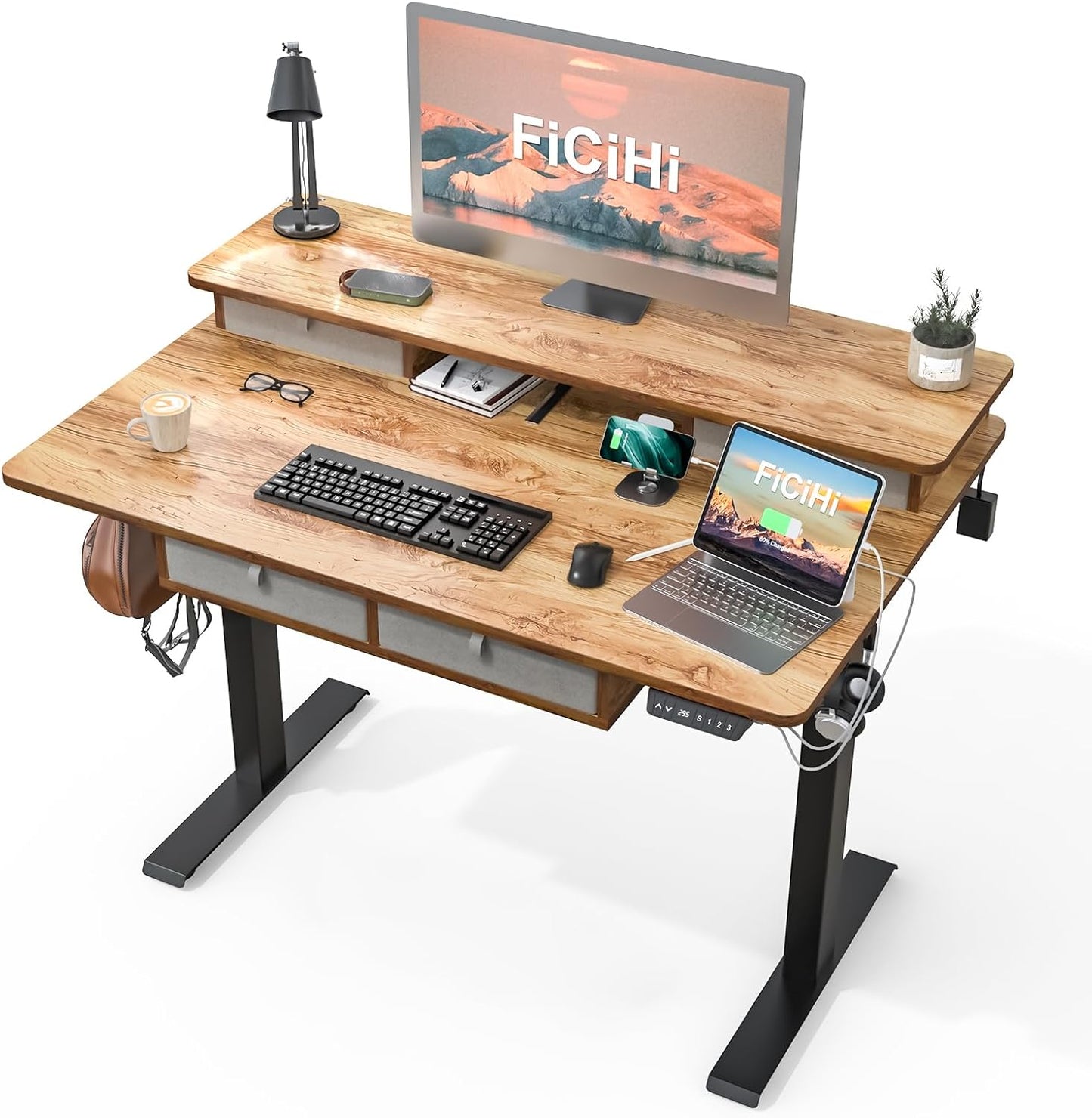 Adjustable Height Standing Desk with 4 Drawers & Wheels,63 x 30 inches Electric Sit Stand Home Office Desk with Two Tiers, 3 Memory Presets, Monitor Stand Riser, USB A/C Charging Port