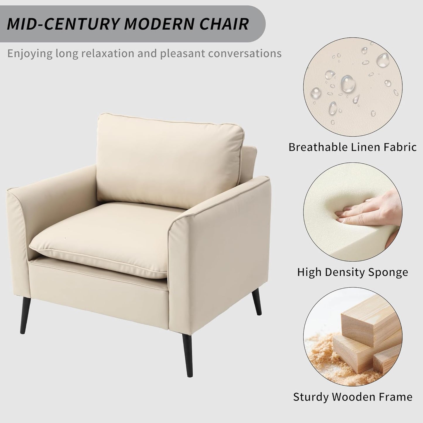 Beige Leather Accent Chairs Set of 2, Mid-Century Modern Accent Arm Chair with Black Metal Legs, Comfy Upholstered Reading Sofa Chair Reception Chairs for Living Room Bedroom Office