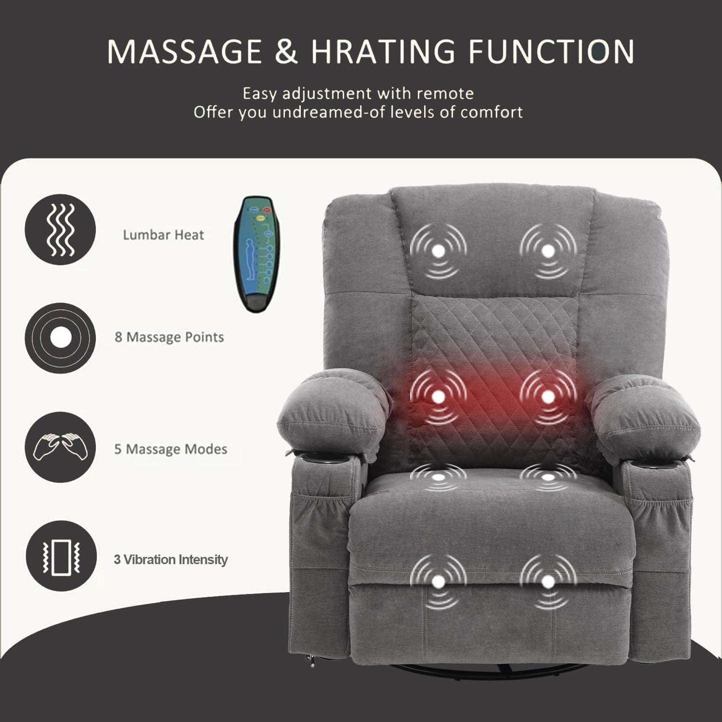 Swivel Rocker Recliner Chair for Adults with Vibration Massage, Overstuffed Soft Fabric Recliner with Lumbar Heat, Modern Manual Rocking Recliner with Cup Holders, for Living Room, Home Theater, Grey