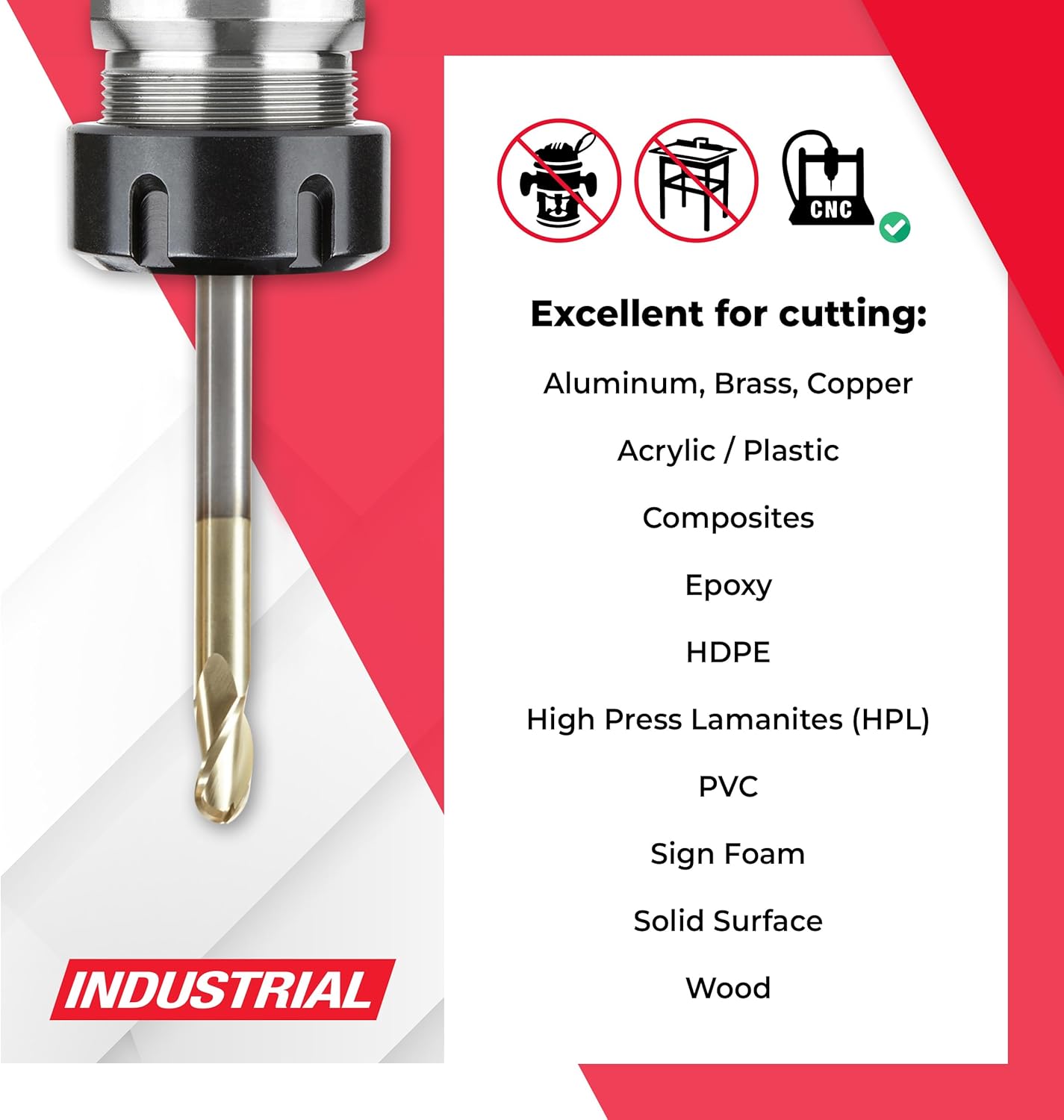 Amana Tool Extra Long CNC 2D and 3D Carving Ball Nose 0.10 Deg Straight Router Bit, ZrN Coated, 46493, 1/2 Dia x 1/4 Rad x 1 x 1/2 Shk x 6 L x 3 Fl