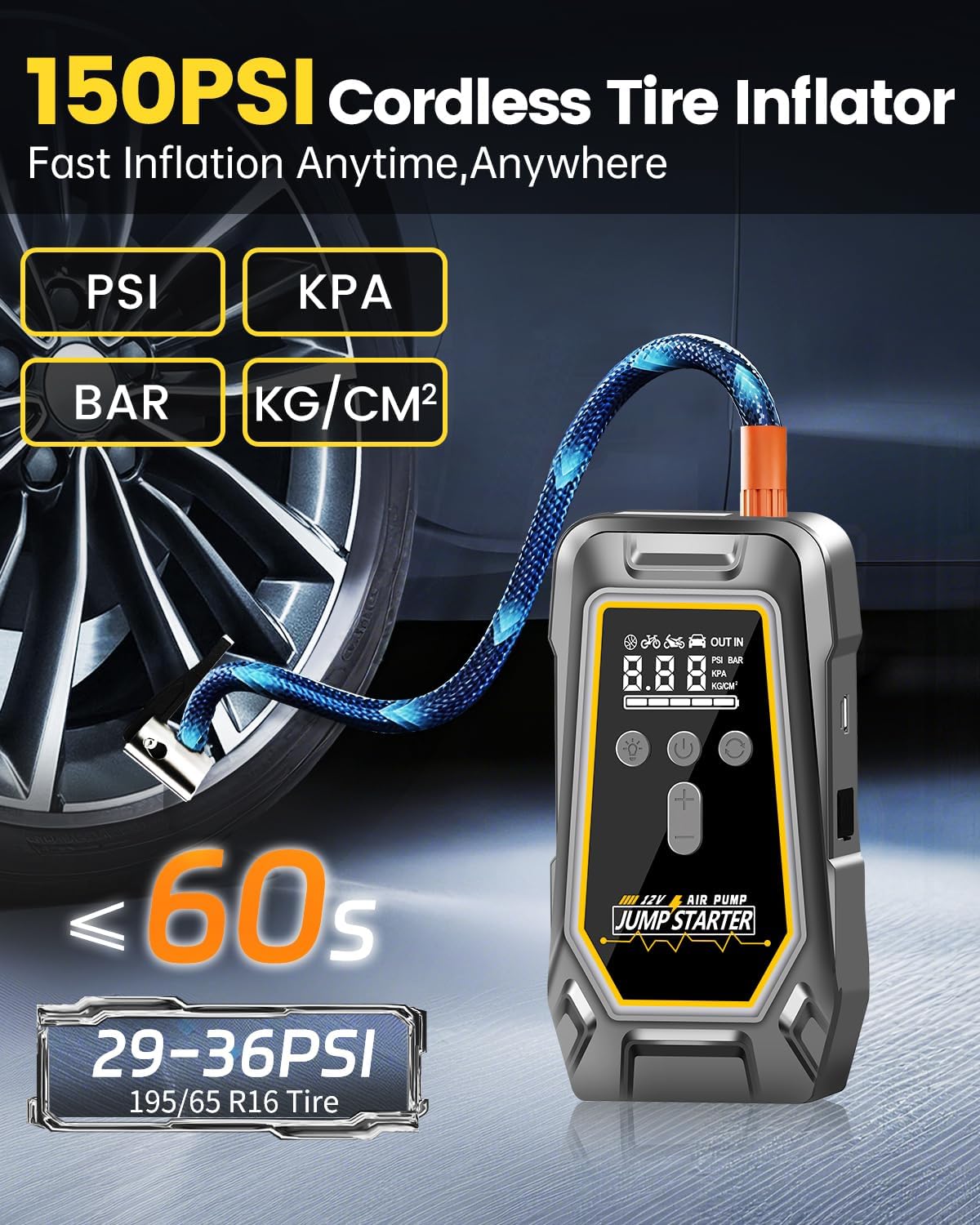 Tire Inflator Air Compressor - 3X Faster Inflation, 150PSI Air Pump for Car Tires with Digital Pressure Gauge, LED Light Cordless Pump for Car Starting, Motorcycle, Bicycle, Balls