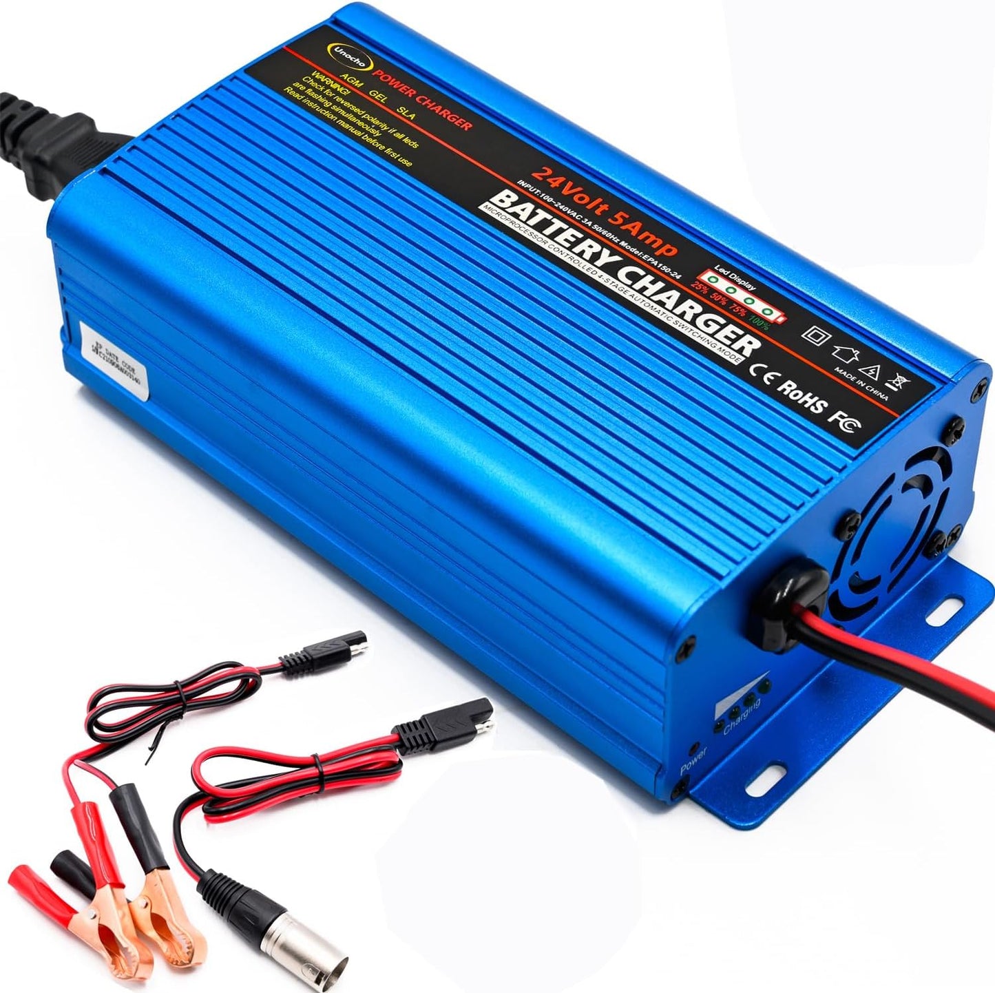 24V Battery Charger Automatic Smart Charger 5A trickle Charger and I/O Switch 3 pin XLR Connector for Charging AGM Gel Lead-Acid Batteries for Cars wheelchairs Boats