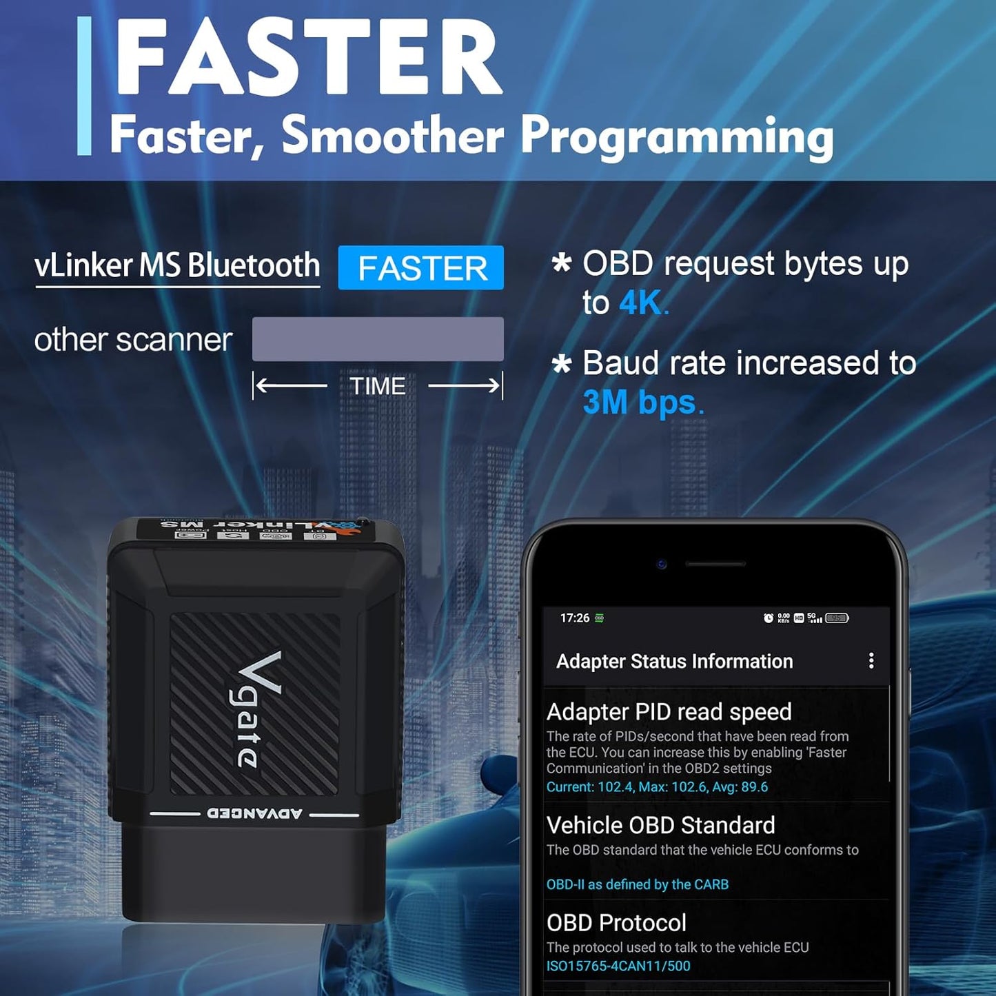 Vgate vLinker MS Bluetooth OBD2 Car Scan Tool for iPhone/iOS, Android & Windows, Supports Multiple CAN Protocols (GMLAN, MS CAN, CH CAN, LS CAN)