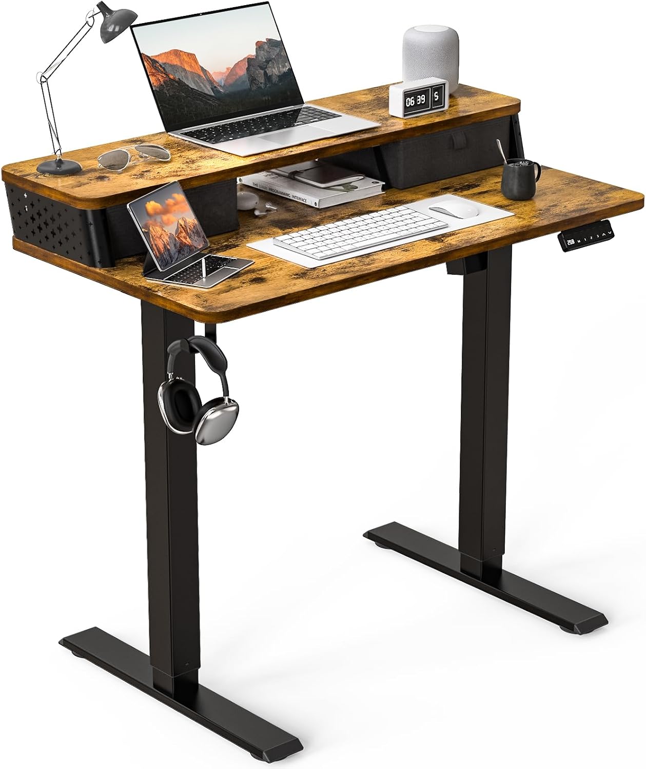 48"x 24" Standing Desk with Drawers, Easy Assembly Design, Adjustable Height Sit Stand Up Desk, Home Office Table with C-Clamp Mount Compatible, 3 Preset Heights & 2 Hooks(Rustic Brown)