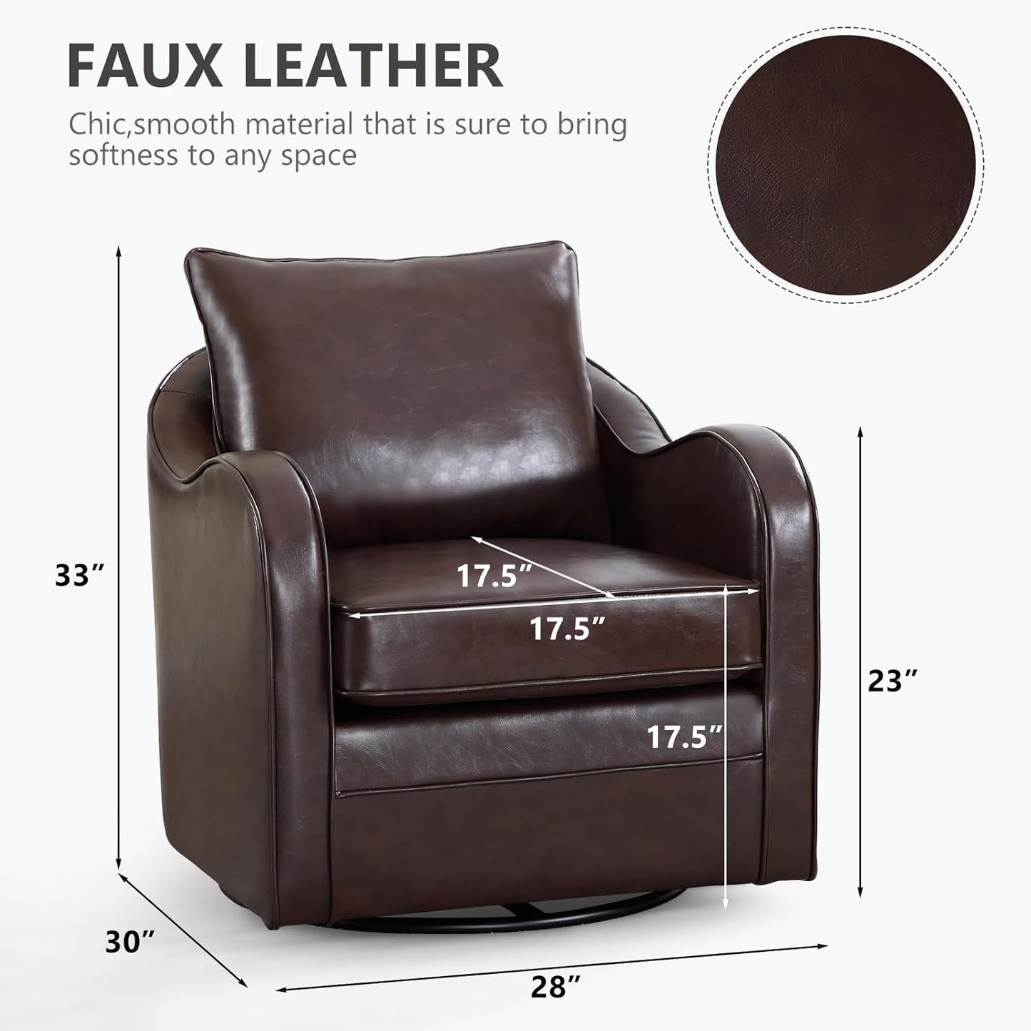 Simore Faux Leather Swivel Barrel Accent Chair Set of 2 for Living Room Bedroom, Comfy Modern Round Swivel Chair with Removable Pillow, Dark Brown