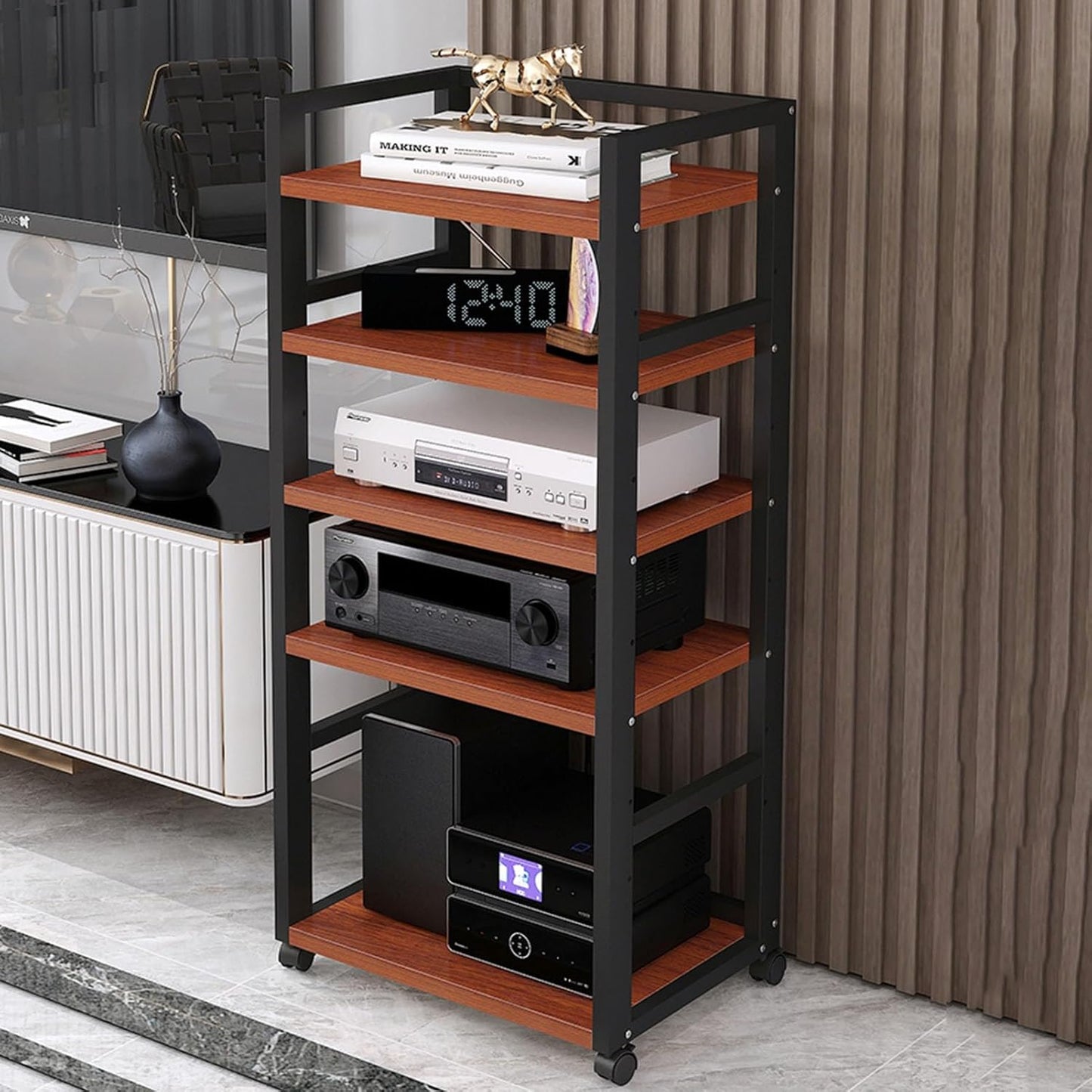 5-Tier Movable Audio/Video Media Stand Center CD Player Stand Stereo Component Storage Cabinet Audio Tower with Height Adjustable Wooden Shelf for Home/Office/Theater,A