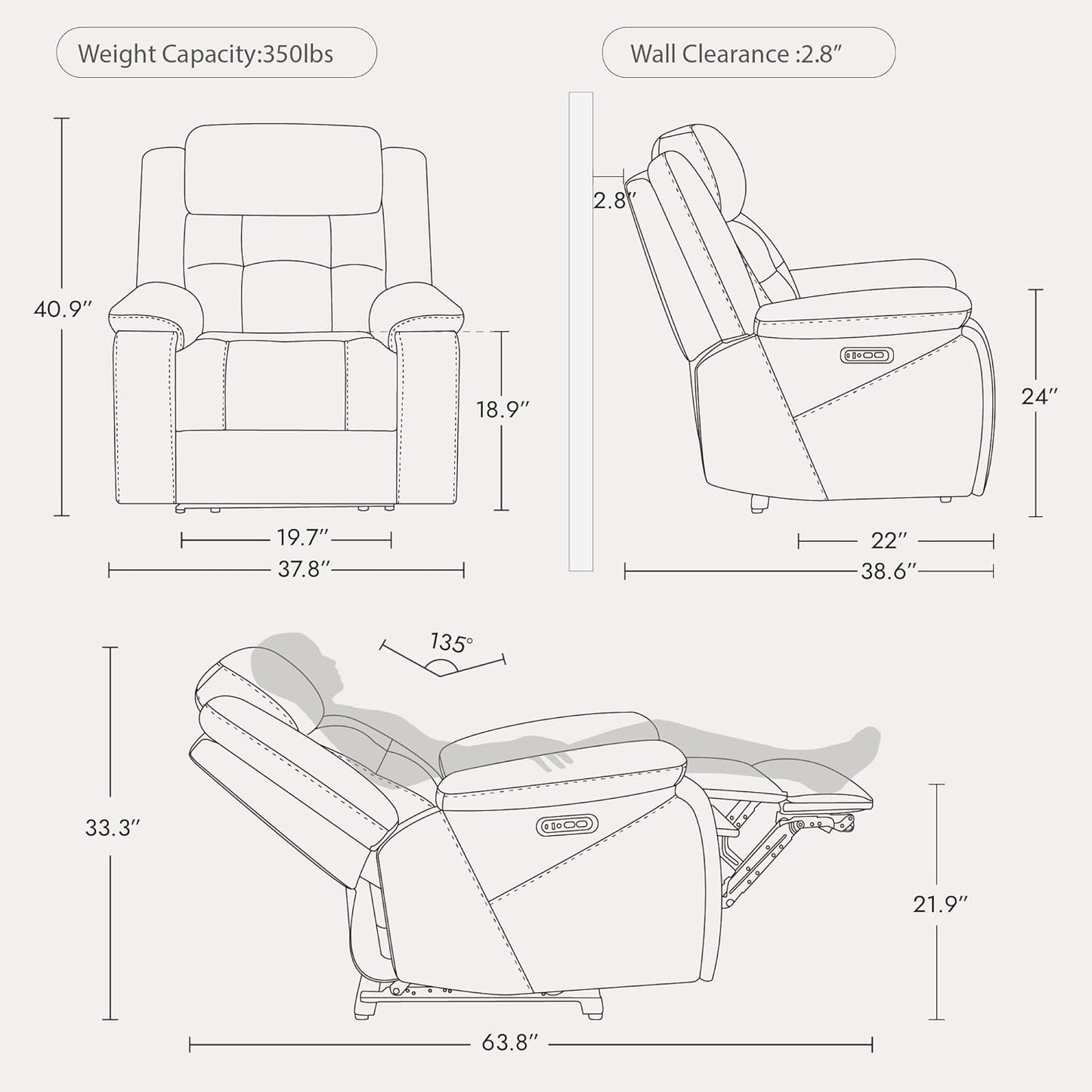 Watson & Whitely Genuine Leather Power Recliner Chair for Adults, Wall Hugger Recliner with Power Headrest, Cup Holders & Charging Ports, Electric Reclining Chairs for Living Room, RV, Saddle Brown