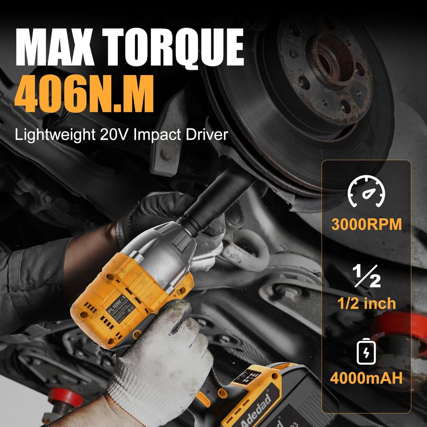 Brushelss Power Impact Wrench with 4.0AH Battery 1/2 inch Cordless Impact Gun Lightweight 20V Impact Driver for Car,Home,DIY 406N.m