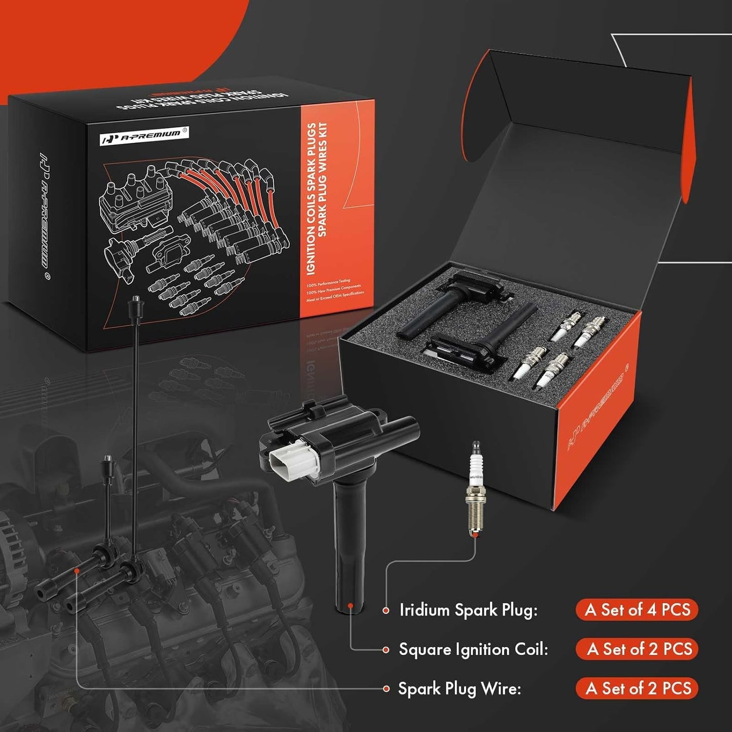 A-Premium 2 Ignition Coils with 2 Wire and 4 Iridium Spark Plugs Compatible with Chevrolet Metro 1999-2001, Tracker 1999-2000 & Suzuki Swift 1999-2001, Vitara 1999-2002, 1.3L 1.6L