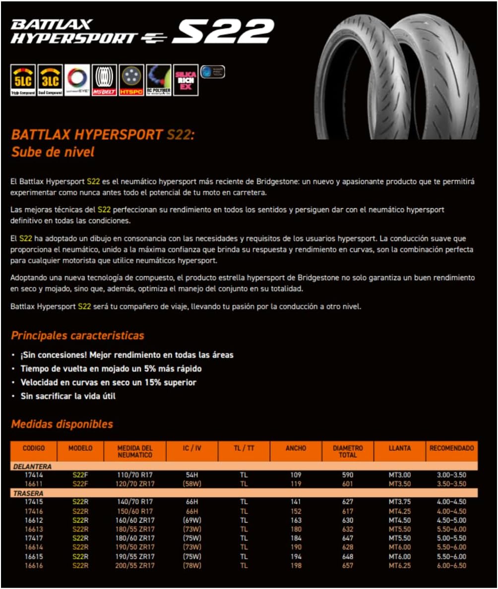 Bridgestone Battlax Hypersport S22 Rear Tire (180/55ZR-17)