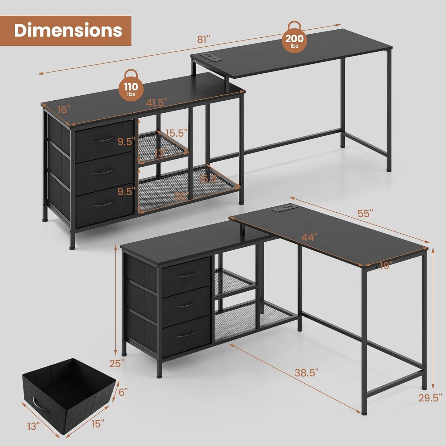 Tangkula 81 Inch L-Shaped Desk with Power Outlet, Convertible Corner Desk with Drawers & Shelves, Office Desk for Working, Studying, Gaming (Black)