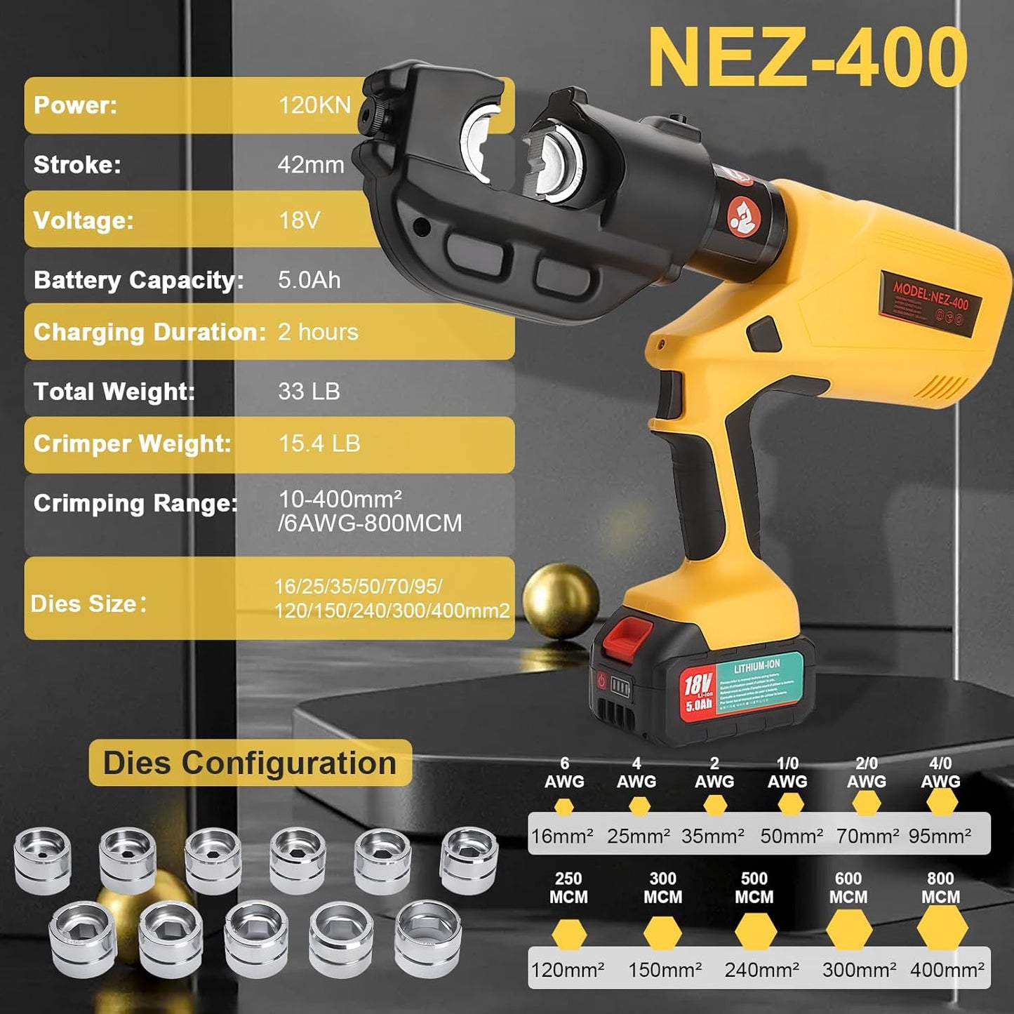 12 Ton Electric Hydraulic Cable Crimping Tool with Digital Display, 11 Dies, 2 Rechargeable 5.0Ah Batteries, for Copper/Aluminum Terminals and Wires