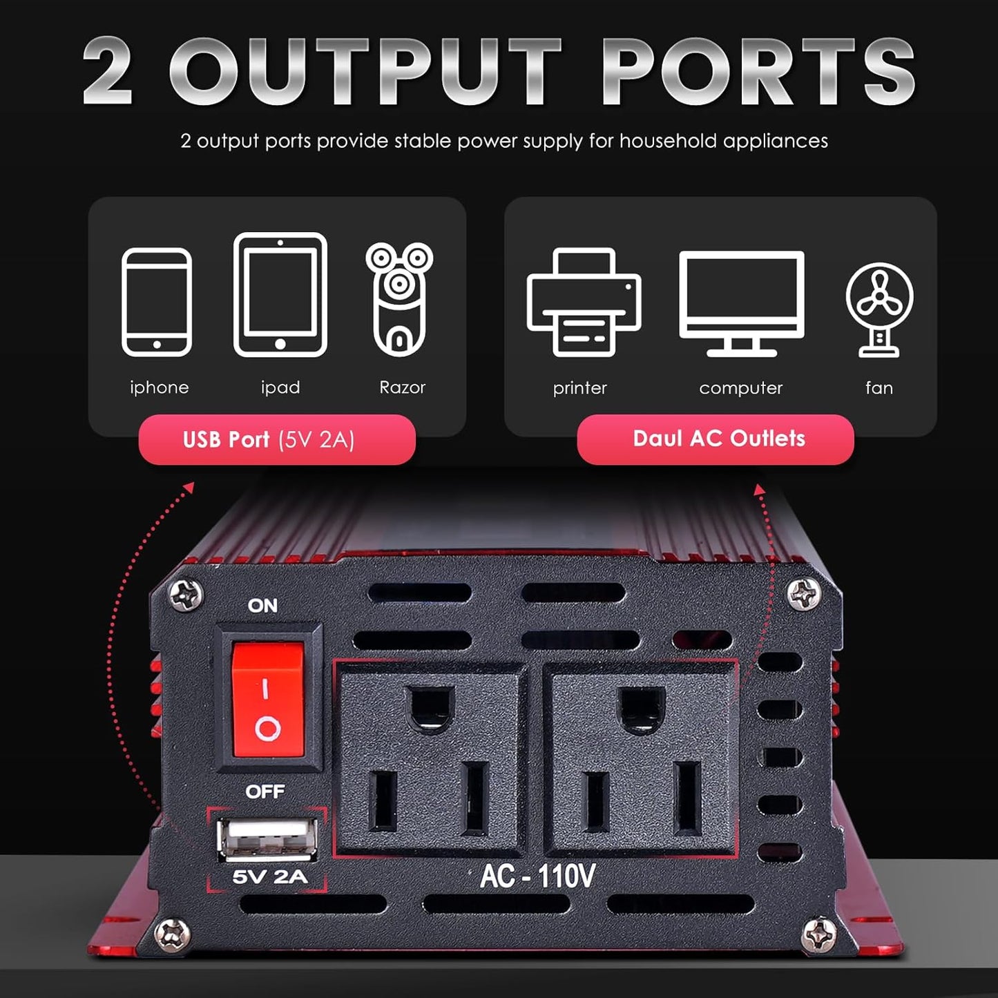 Car Power Inverter 12v to 110v 1000W/2000W(Peak) Power Inverters for Vehicles Truck Home with Dual AC Outlets and 5V USB Charging Port inversor de corriente 12v a 110v (1000W)