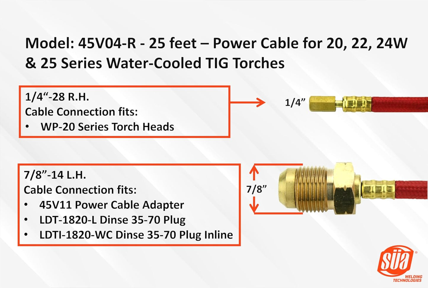 SÜA - Power Cable for 20 Series Water-Cooled TIG Torches - 25 Feet - Super Flex Red Braided - Model 45V04-R