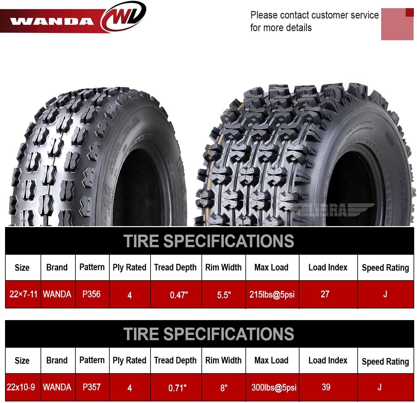WANDA (Set 4) Sport ATV Tires 22x7-11 Front & 22x10-9 Rear GNCC (Grand National Cross Country) Race Tires Compatible for Honda Recon 250 Suzuki Ozark 250
