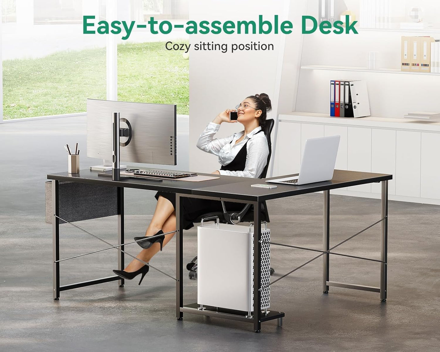 AODK L Shaped Desk, 50 Inch Computer Desk with Storage Bag, Reversible Home Office Desk with Host Stand, Black Corner Table for Bedroom Studio, Modern Wood PC Desk for Study Work