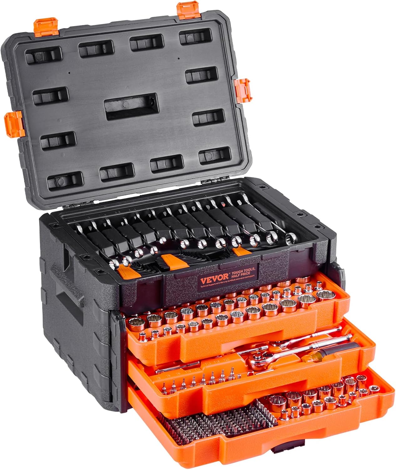 VEVOR Mechanics Tool Set, 1/4" & 3/8"& 1/2" Drive Deep and Standard Sockets, SAE/Metric 205 Pcs Mechanic Tool Kit with Bits, Combination Wrench, Hex Wrenches, Accessories, Storage Case
