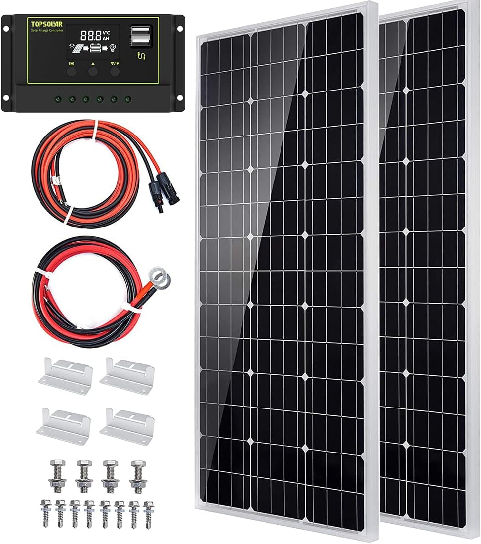 Topsolar Solar Panel Kit 100 Watt 12 Volt Monocrystalline Off Grid System for Homes RV Boat + 30A 12V/24V Solar Charge Controller +Solar Cables + Z-Bracket for Mounting