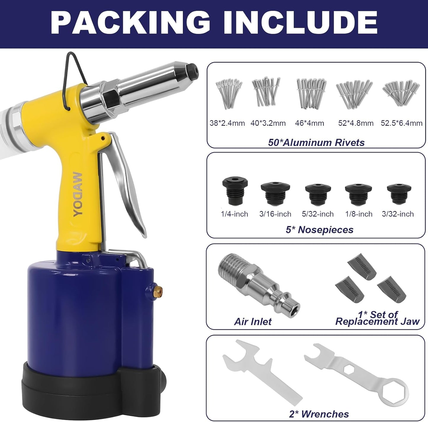 Air Rivet Gun Heavy Duty, Pneumatic Pop Rivet Gun Tool Set 3924lbf 50PCS Rivets with 3/16", 5/32", 1/8", 3/32",1/4" Air Riveter for Automotive, Construction, Industrial, Aluminum Boat Restoration