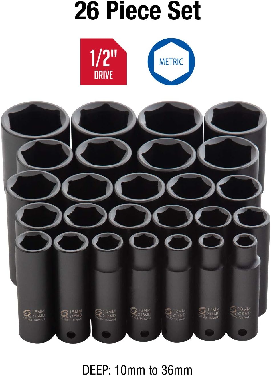 SUNEX TOOLS 2646, 1/2 Inch Drive Deep Impact Socket Set, 26-Piece, Metric, 10mm-36mm, Cr-Mo Alloy Steel, Radius Corner Design, Heavy Duty Storage Case