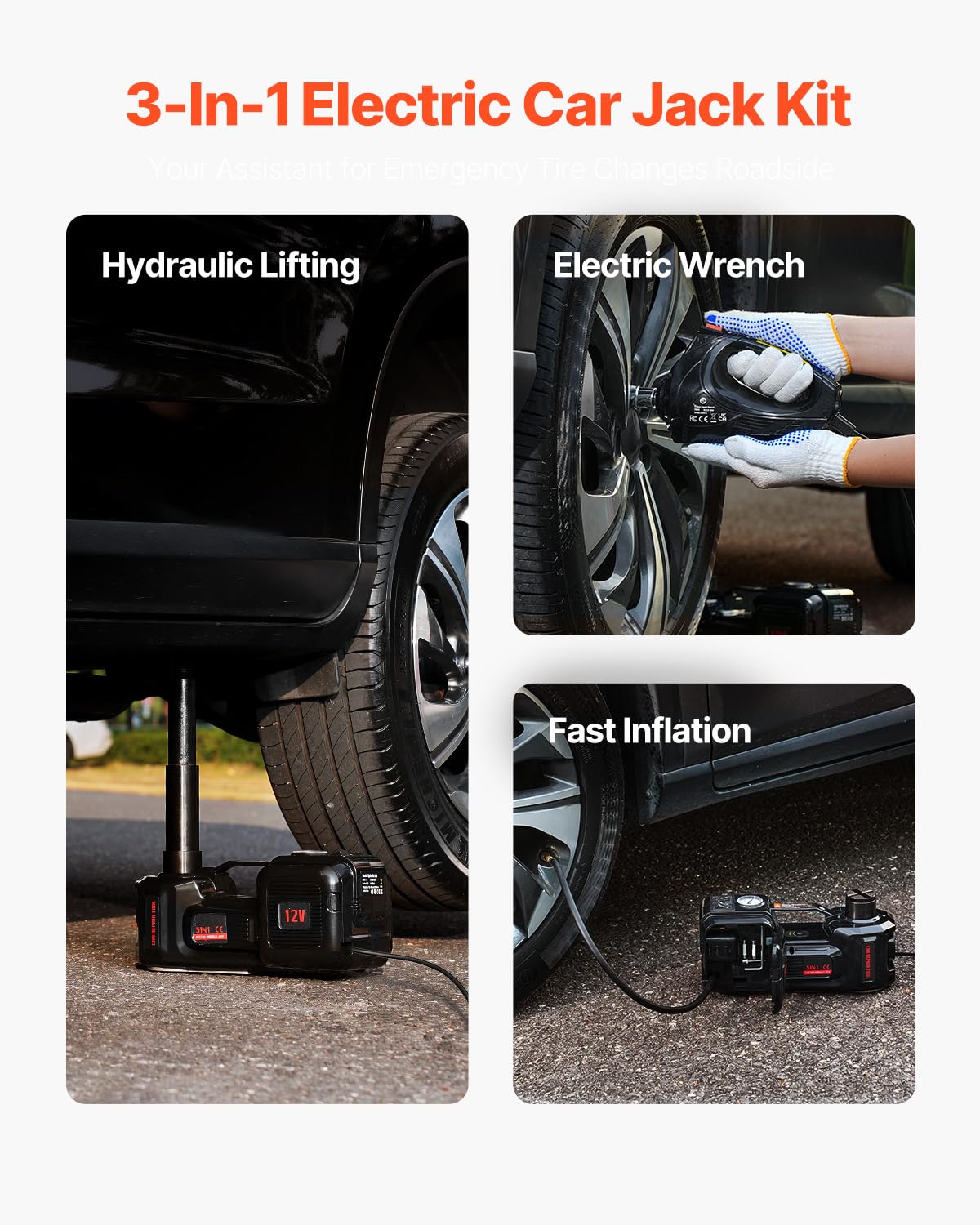 VEVOR Electric Car Jack, 5 Tons /11000 lbs, Scissor Jack with Built-in Inflator, 12V Tire Change Replacement with Impact Wrench & LED Light, Portable Jack kit for Sedan, SUV, Truck