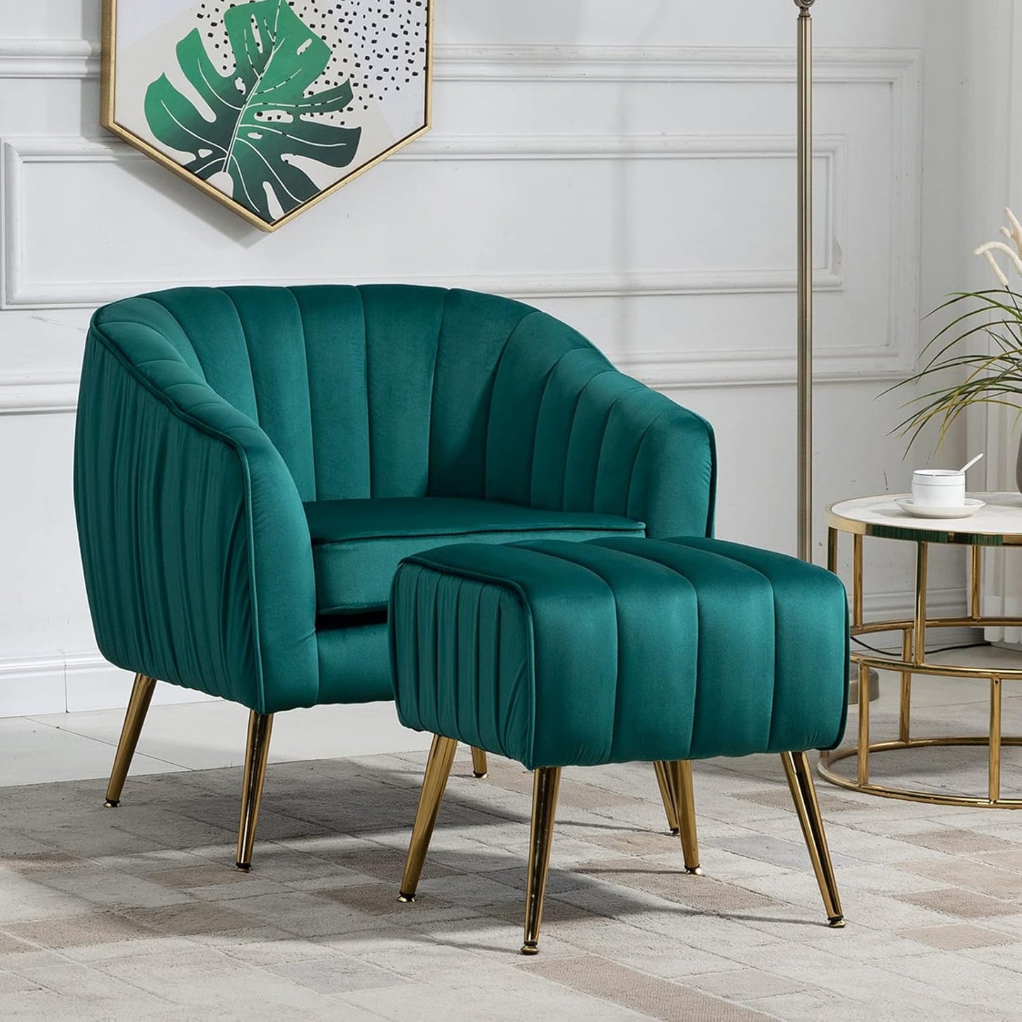Velvet Accent Sofa Chair with Ottoman, Comfy Living Room Chairs with Adjustable Legs, Modern Upholstered Tufted Lounge Barrel Chair Ottoman Set for Bedroom, Home, Office (Pink)