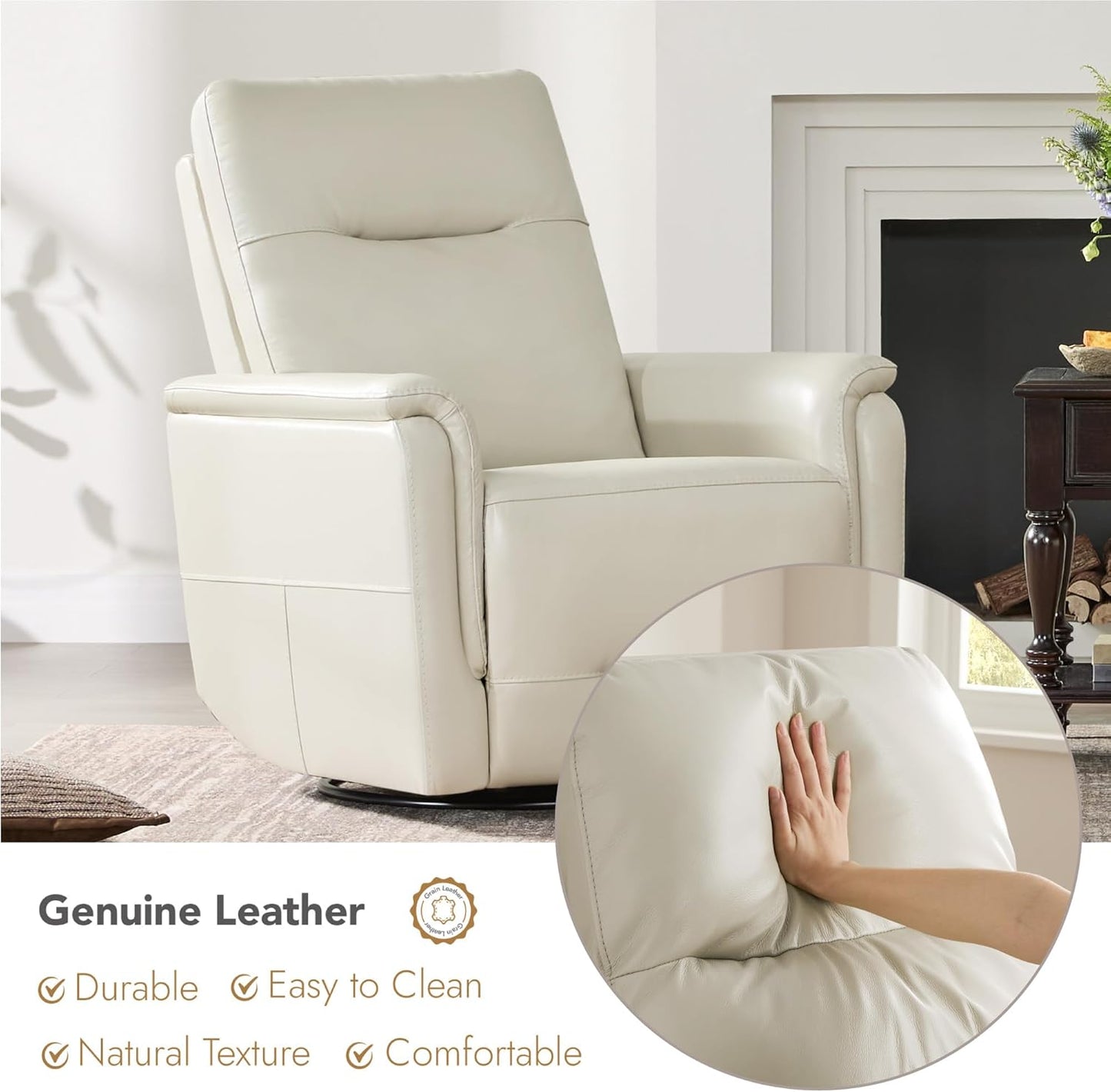 Watson & Whitely Genuine Leather Power Recliner Chairs W Power Headrest for Adults, Swivel Glider Recliner Chair W Charging Ports for Living Room, Light Grey