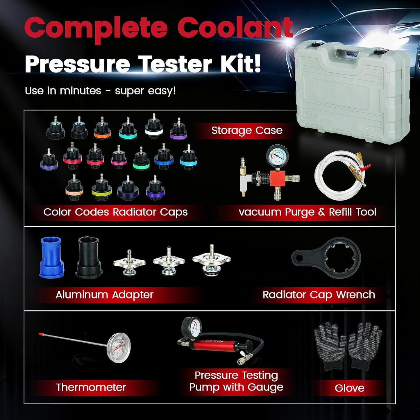 WNZ Coolant Pressure Tester Kit, 28PC Radiator Pressure Tester Kit, Radiator Cooling System Pressure Tester Kit with Vacuum Pump Vacuum Purge & Refill Tool