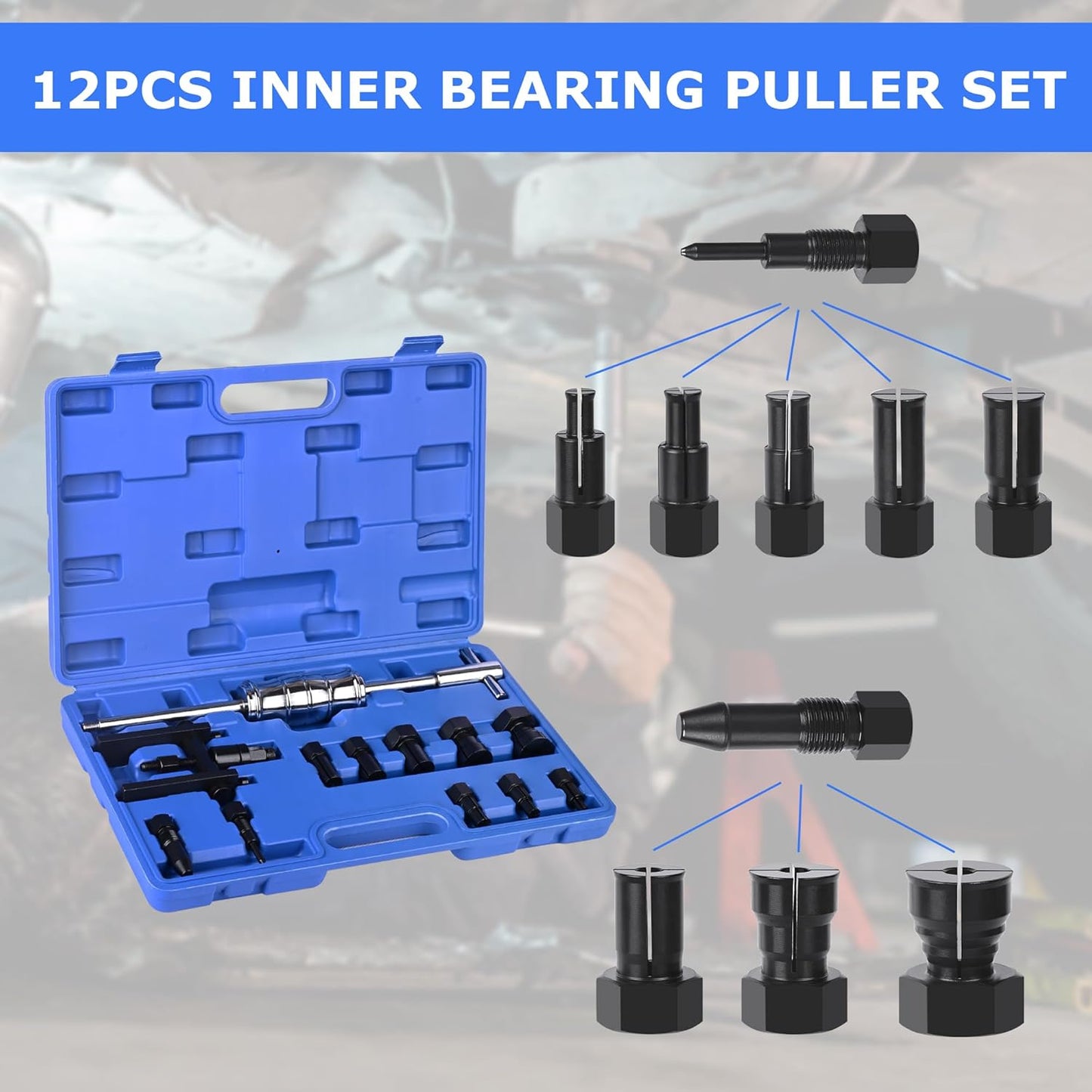 12 PCS Motorcycle Blind Hole Collet Bearing Puller Tool Kit, 8-32mm Motorcycle Wheel Bearing Removal Tool with Slide Hammer, Inner Internal Bearing Extractor Puller Kit