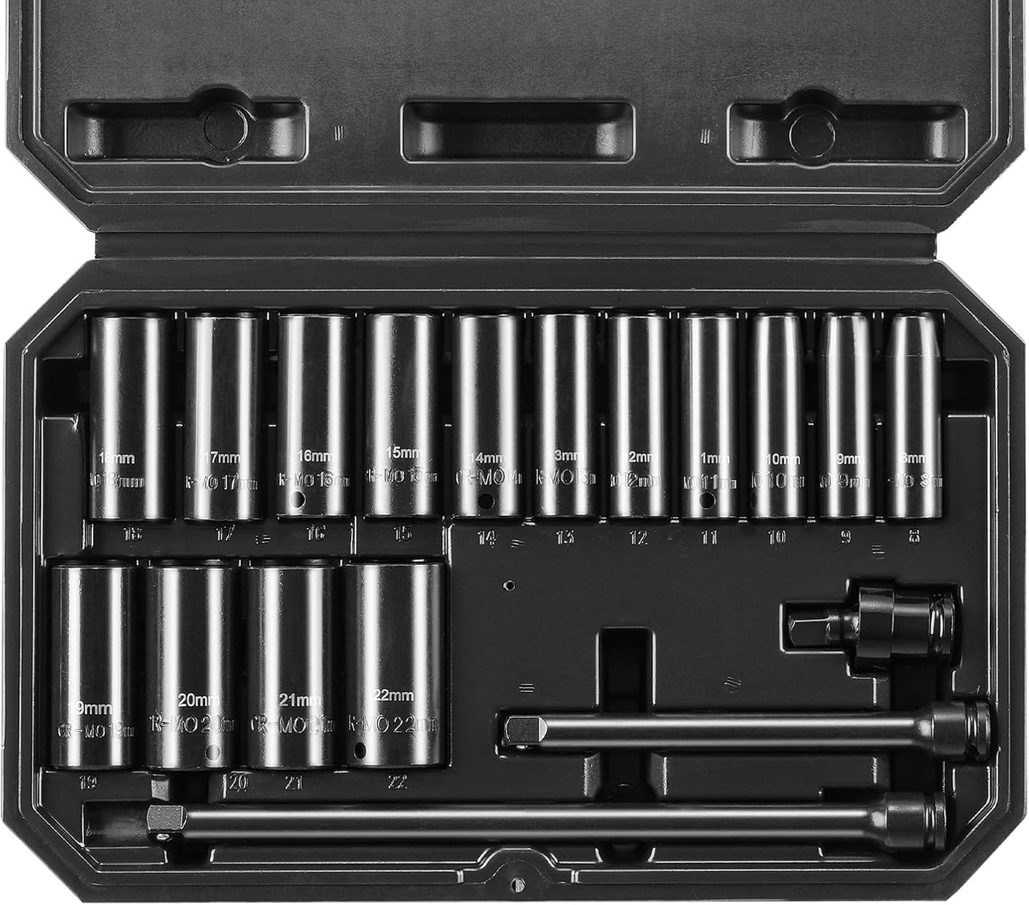 VEVOR Impact Socket Set 3/8" Drive, 48-Piece Standard SAE (5/16 to 3/4 inch) & Metric (8 to 22 mm) Size, Deep & Shallow, 6 Point, CR-V, Extension Bar, Universal Joint, 1/2" F to 3/8" M Reducer