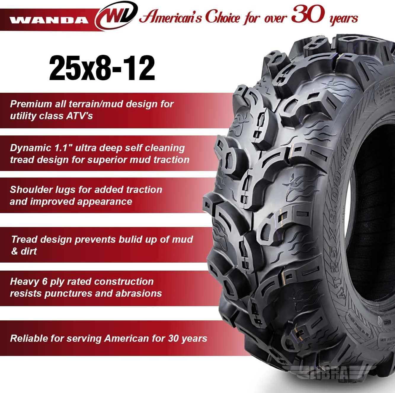WANDA 2 Premium UTV ATV Tires 25X8-12 25X8X12 Super Mud Snow 6PR P375-10212