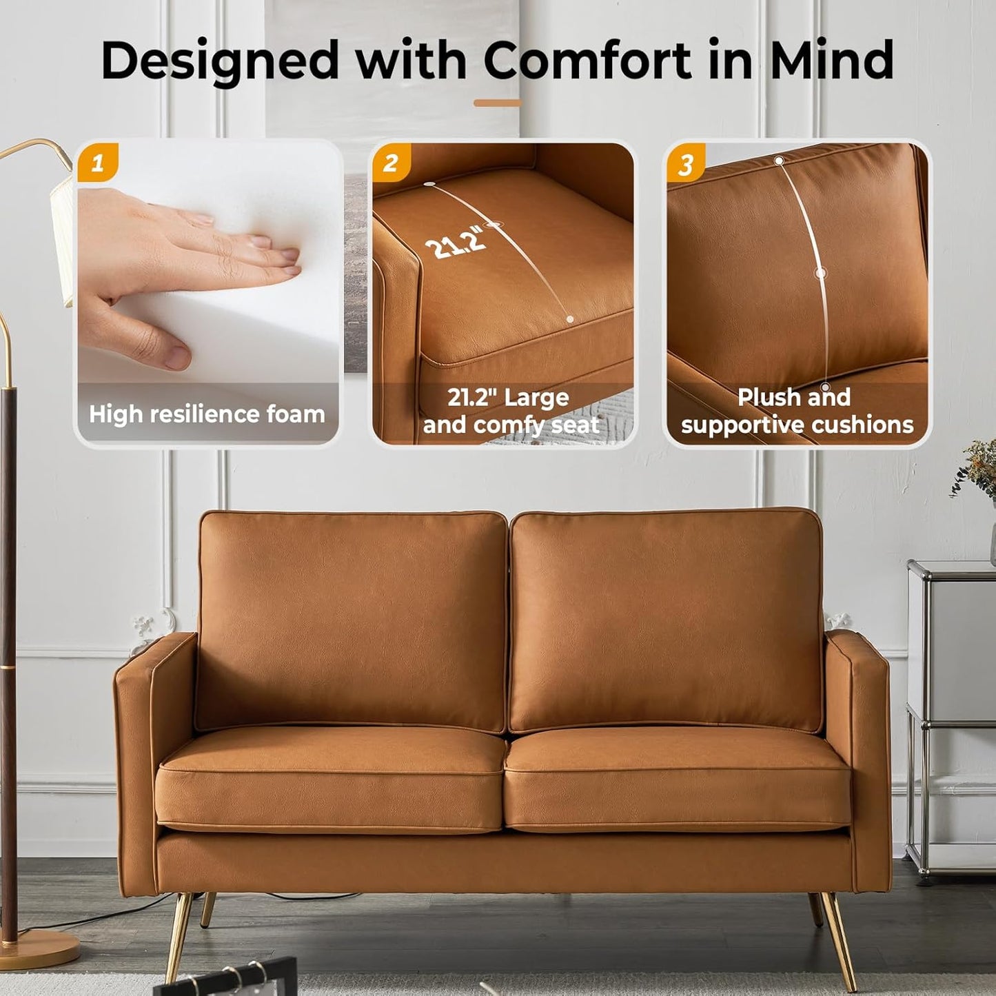 Bonnlo Modern Accent Chair, PU Leather Comfy Arm Chair Reading Chair with Golden Metal Legs and Deep Seat for Living Room Bedroom (Cognac, 56.7''W)