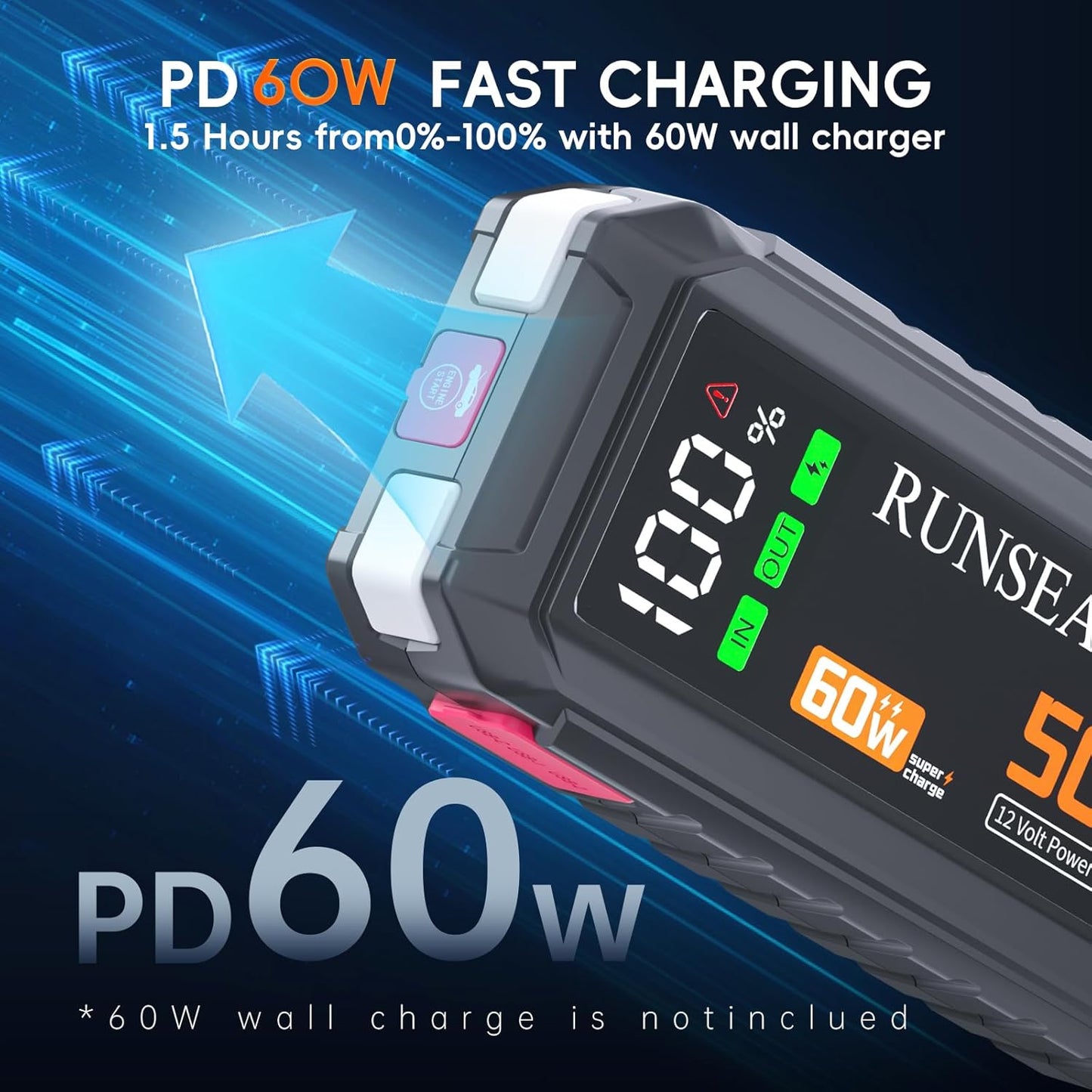 5000A Portable Jump Starter,60W Quick Charge Speed 12V Car Battery Jump Starter,LED Display,26000mAh Portable car Jump Starter Battery Pack(All Gas and 10L Diesel Engine),LED Light,Jumper Cables