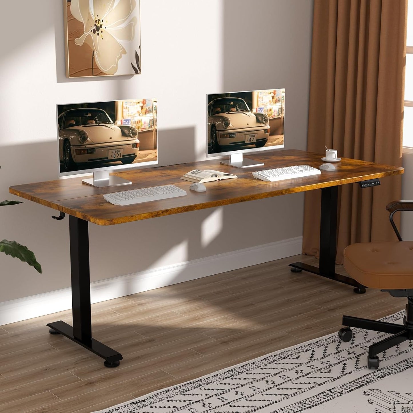 Veken 47.2" Standing Desk, Adjustable Height Office Desk with Wood Desktop, Computer Table for Home Work, Study and Gaming, Small Spaces, Modern Furniture,Brown