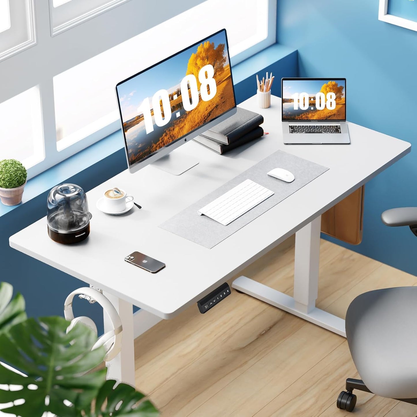 Sweetcrispy Electric Standing Desk Adjustable Height, 48x24 Inch Sit Stand Up Home Office Desks Computer Workstation PC Work Table with 3 Memory Preset Splice Wood Board Metal Frame, White