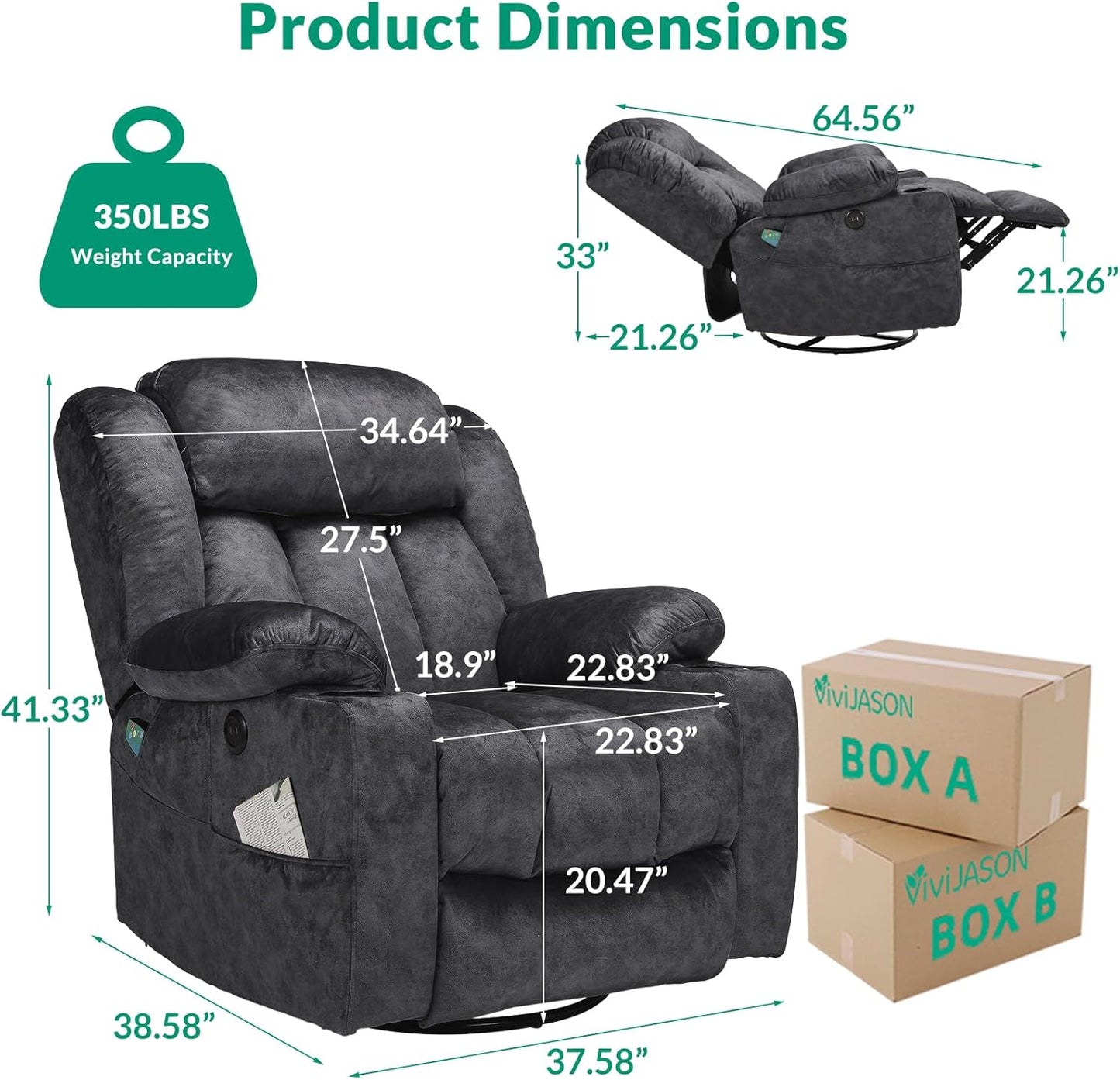 VIVIJASON Manual Swivel Rocking Glider Recliner Chair with Heat & Vibration Massage, 360° Swivel Overstuffed Reclining Chair with 2 Cup Holders, Side Pockets & USB Ports for Living Room, Plush Gray