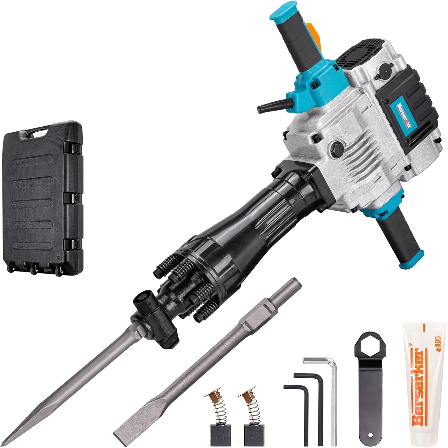 Berserker 1700W 30-Pound Demolition Jack Hammer with 1-3/16" Hex, 14-Amp Corded Electric Heavy Duty Demo Chipping Hammer Concrete/Pavement Breaker with Carrying Case Flat Chisel Bull Point Chisel