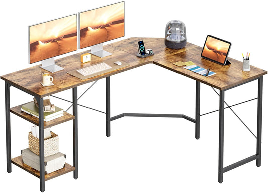 BANTI L Shaped Computer Desk, 59" Reversible Corner Desk with Storage Shelves, Home Office Desk for Writing Gaming Study, Rustic Brown