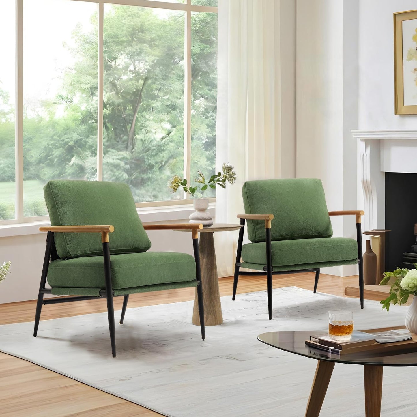 Accent Chair, Upholstered Chenille Living Room Chair with Metal Frame, Mid Century Modern Reading Lounge Sofa Armchair with Removable Cushion for Living Room, Bedroom, Office (Green, Set of 2)