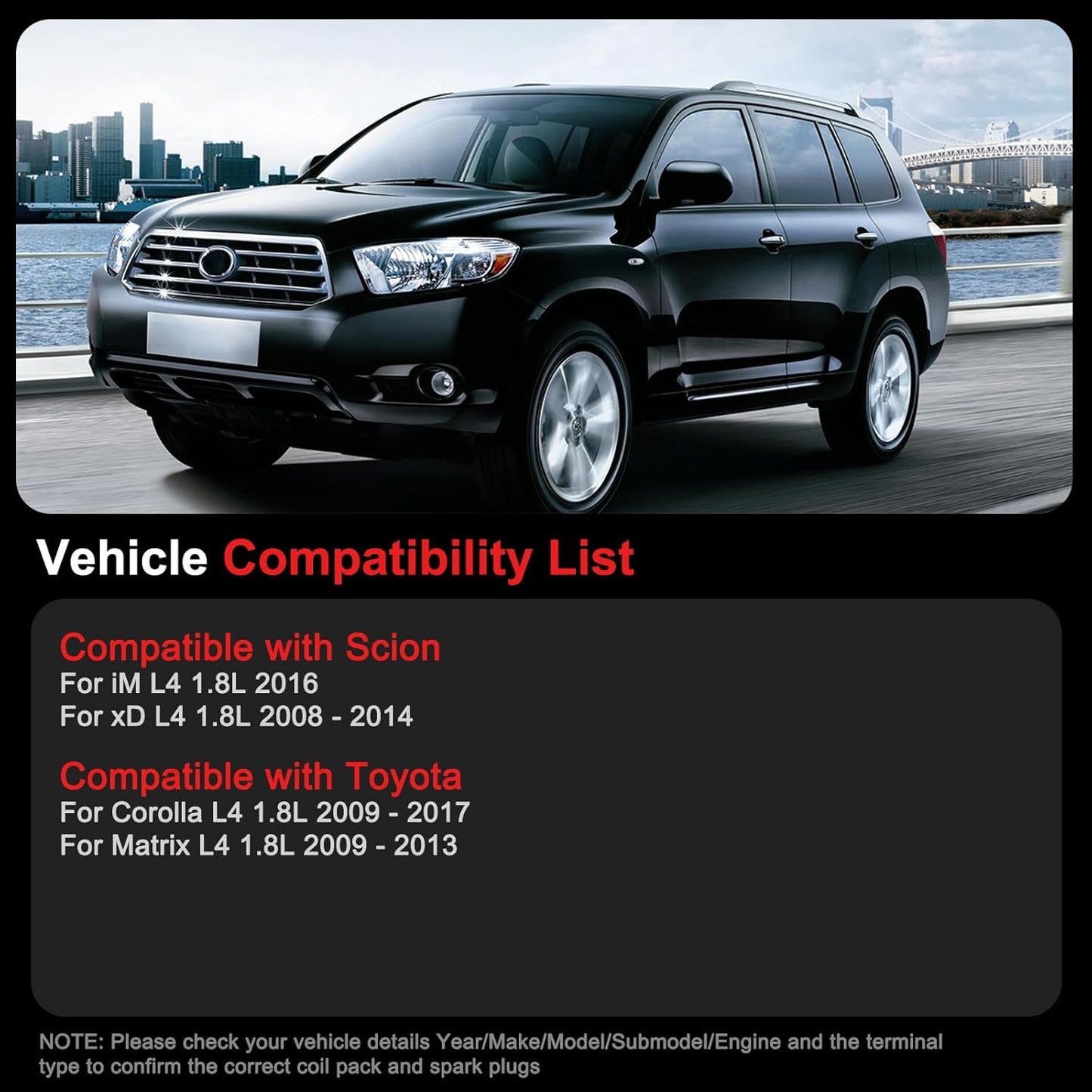 Set of 4 Ignition Coil Pack UF596 Compatible with Toyota Corolla Matrix 1.8L 2009-2017, Compatible with Scion iM 2016, xD 2008-2014 L4 1.8L