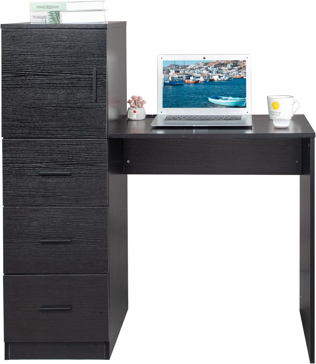 YUNWANG Computer Desk with 4 Drawers and Shelves, Gaming Desk with Power Outlets, Office Work Study Laptop Desk for Home Office Small Spaces